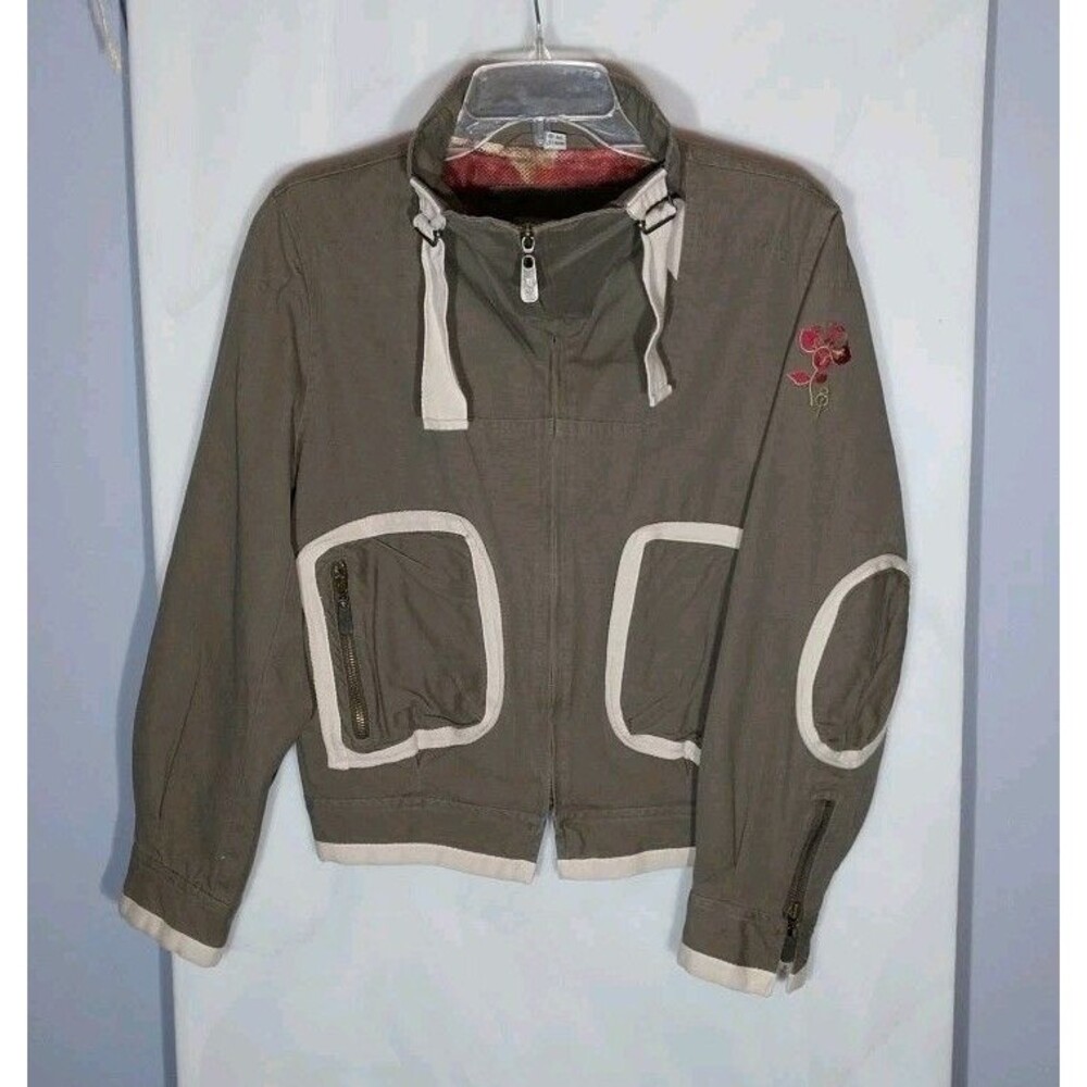 Y2K Army/Olive Green Utility Jacket Womens M Floral Lined Embroidered Rose
